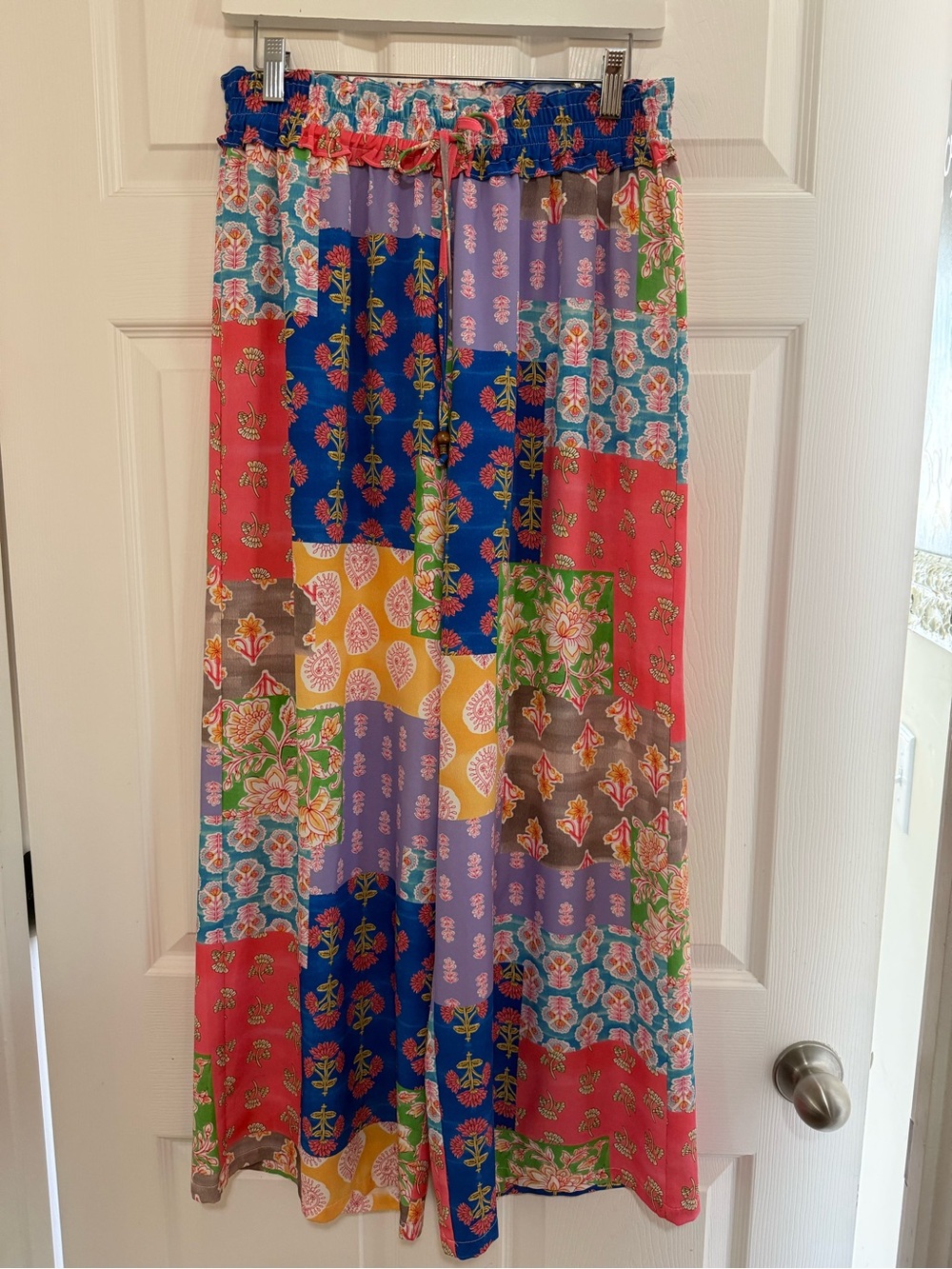 THML Patchwork Wide Leg Pants in Blue, Purple, Coral, Yellow, Green